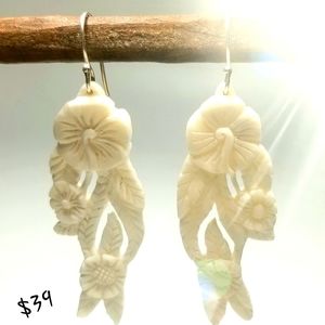 Carved Bone Floral Vines w/925 Silver Hooks